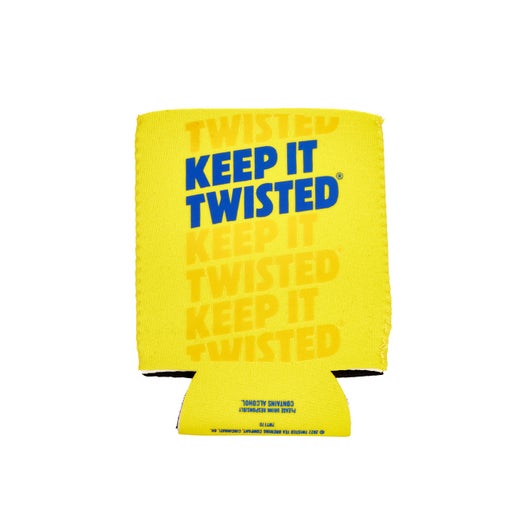 A bright yellow, flat can cooler, with the phrase "KEEP IT TWISTED" in bold blue letters. The cooler has two semicircular cutouts at the bottom.