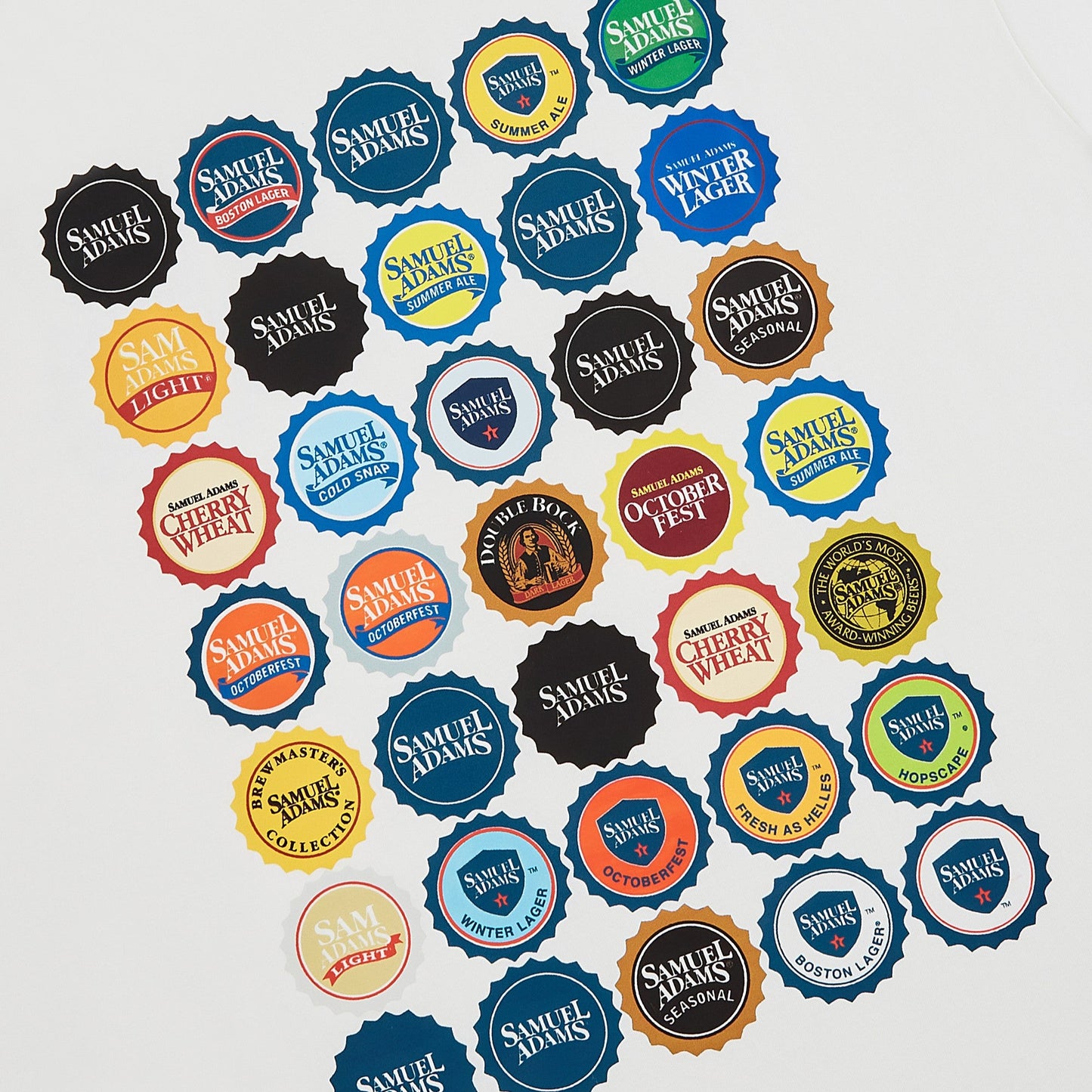 Collection of Samuel Adams beer bottle caps on a light gray background