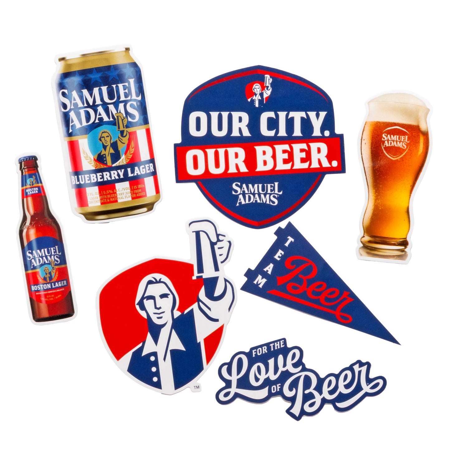 Samuel Adams 2026 sticker pack featuring Boston Lager bottle, pint glass, Blueberry Lager can, Our City Our Beer logo, and For the Love of Beer logo sticker, shield hoist logo, and a team beer flag sticker