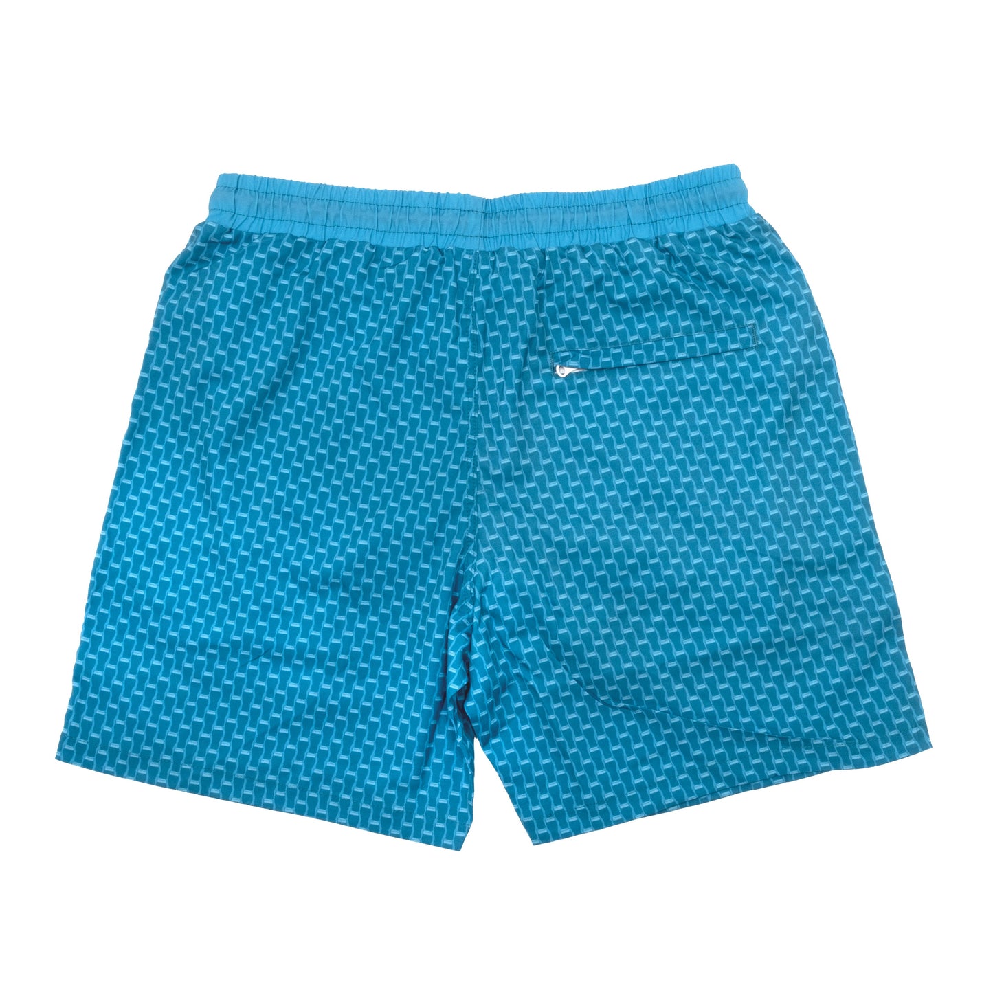 Back view of Samuel Adams blue swim trunks with pint glass pattern
