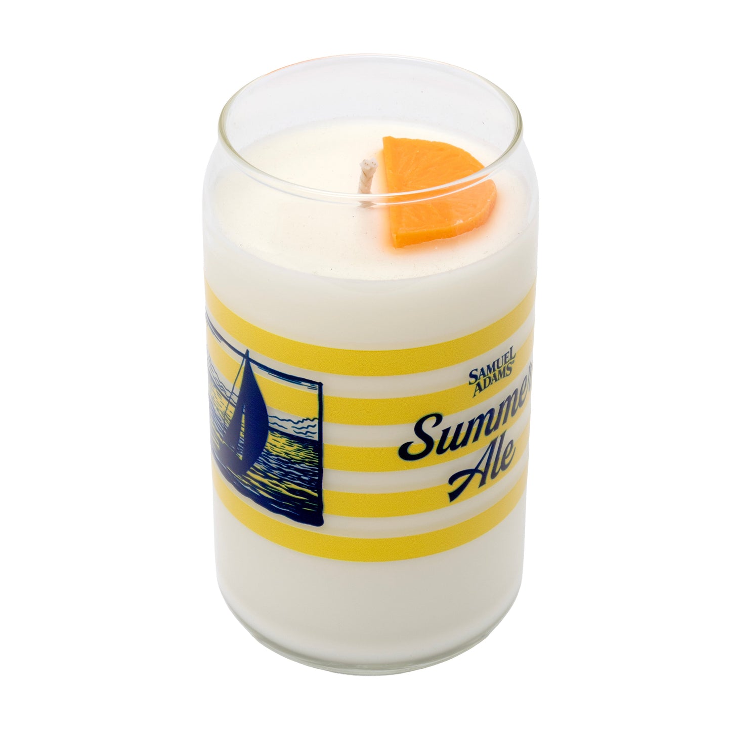 Top view of Summer Ale can glass candle with orange citrus slice wax embed, visible wick, and nautical striped design