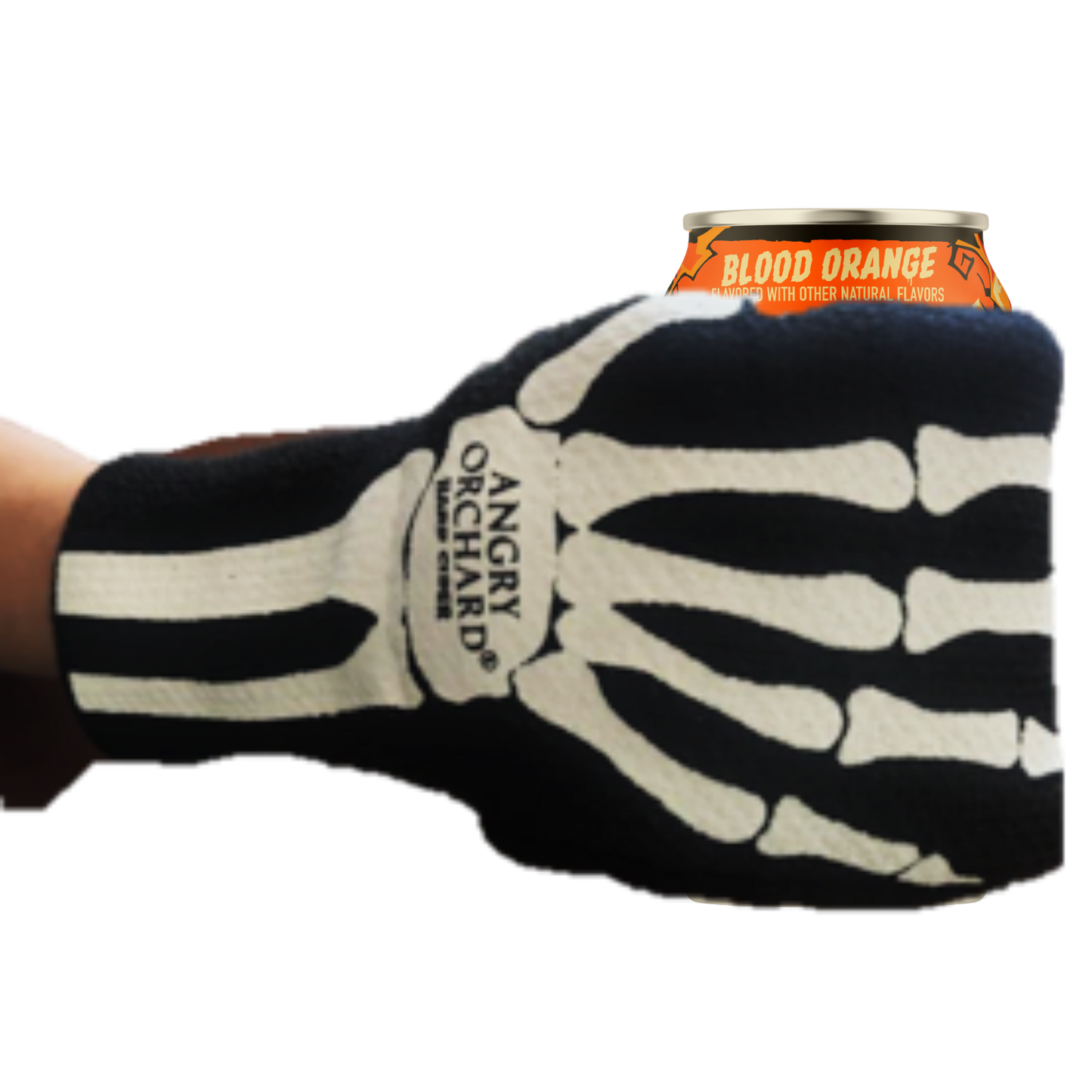 A knit mitten glove featuring artwork of skeleton hand. Shown holding a can of Angry Orchard in the hand of the model. It functions as a mitten with a hole for holding drinking cans.