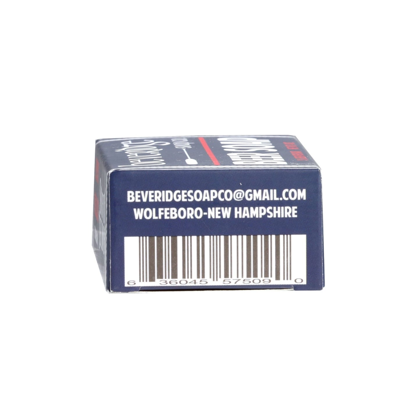 Our Beer soap made with Samuel Adams Boston Lager has a clean men's cologne scent. The soap is packaged in a navy blue box with white text and white and red details.