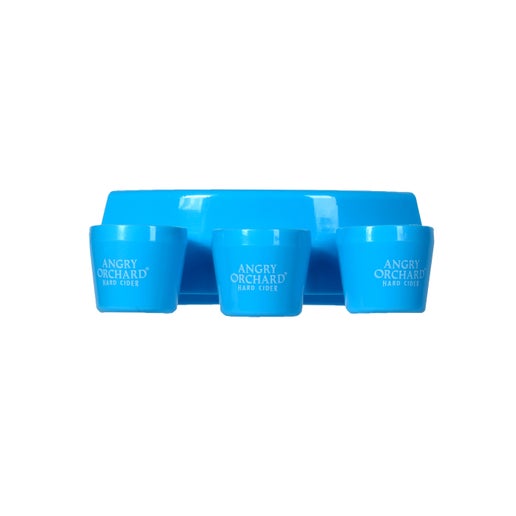 This blue bucket shot rimmer has three cups for shots attached to it. Each cup says "Angry Orchard Hard Cider" on it.