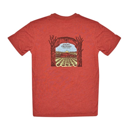 Back of tee displays a larger artistic rendition of our Angry Orchard location.