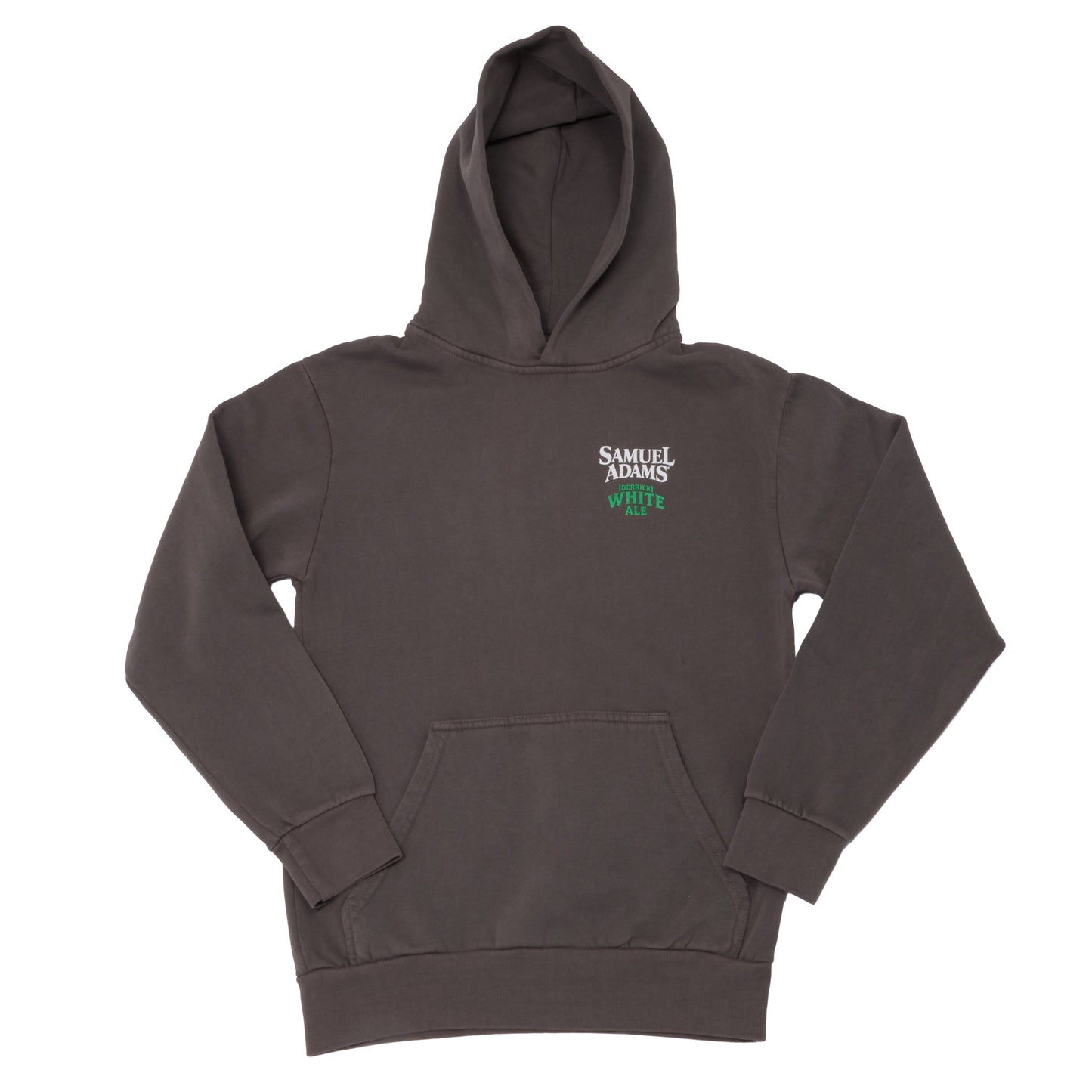 Front view of Samuel Adams Derrick White Ale hoodie in grey with chest logo, pullover hood, and kangaroo pocket
