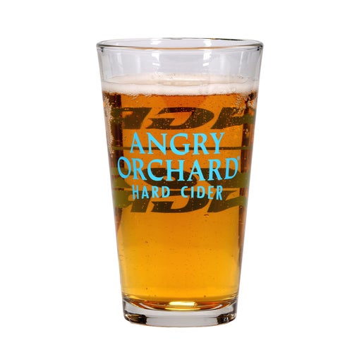 On one side of this glass is the writing "Angry." with a line under then "Not Angry." On the other side of the glass is the writing "Angry Orchard Hard Cider". All writing is in blue.