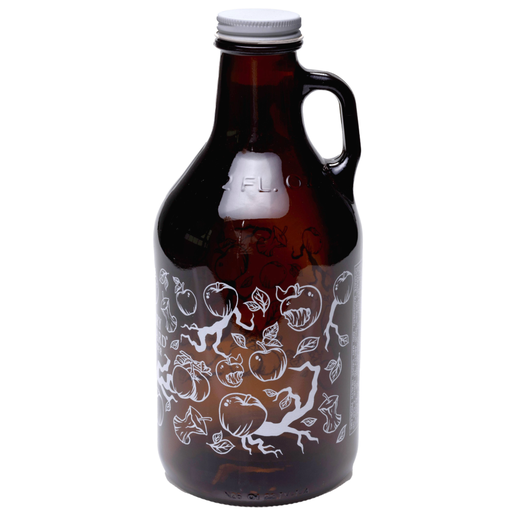 This growler is covered in small images of branches, leaves, whole apples, and bitten apples. These small images surround the writing "Angry Orchard Hard Cider".