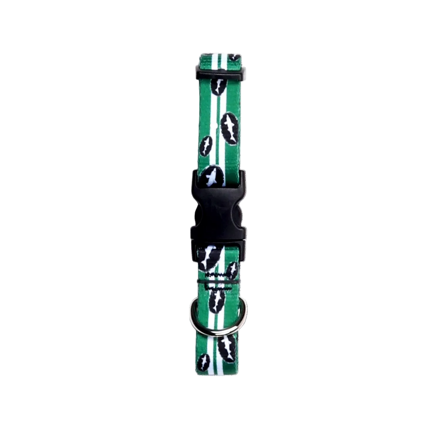 The Green Retro Collar by Lupine, Inc. is a durable dog collar with white stripes and black-and-white football designs, a black plastic buckle, and metal D-ring, shown on a white background.