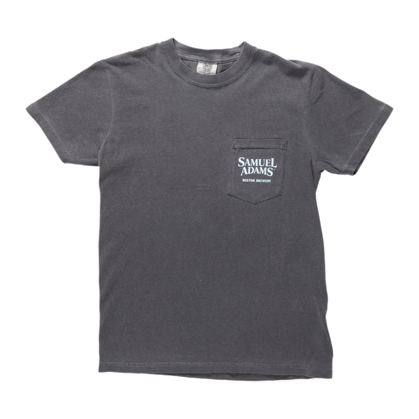 The front of this weathered dark grey tee features a pocket on the top left with the Samuel Adams logo in white.