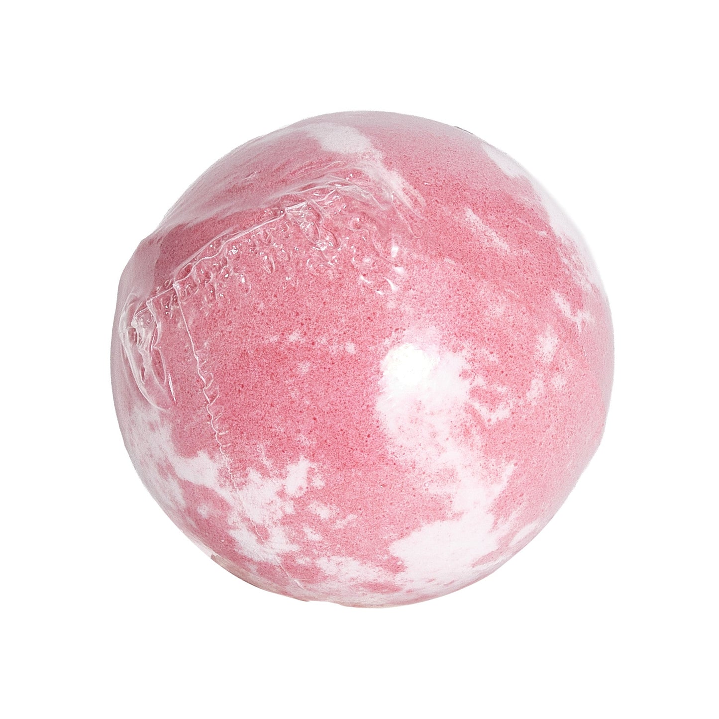 A round pink bath bomb with white marbled patches, shown wrapped in clear plastic. The surface has a slightly textured, powdery appearance, and the wrapping seam is visible across one side.