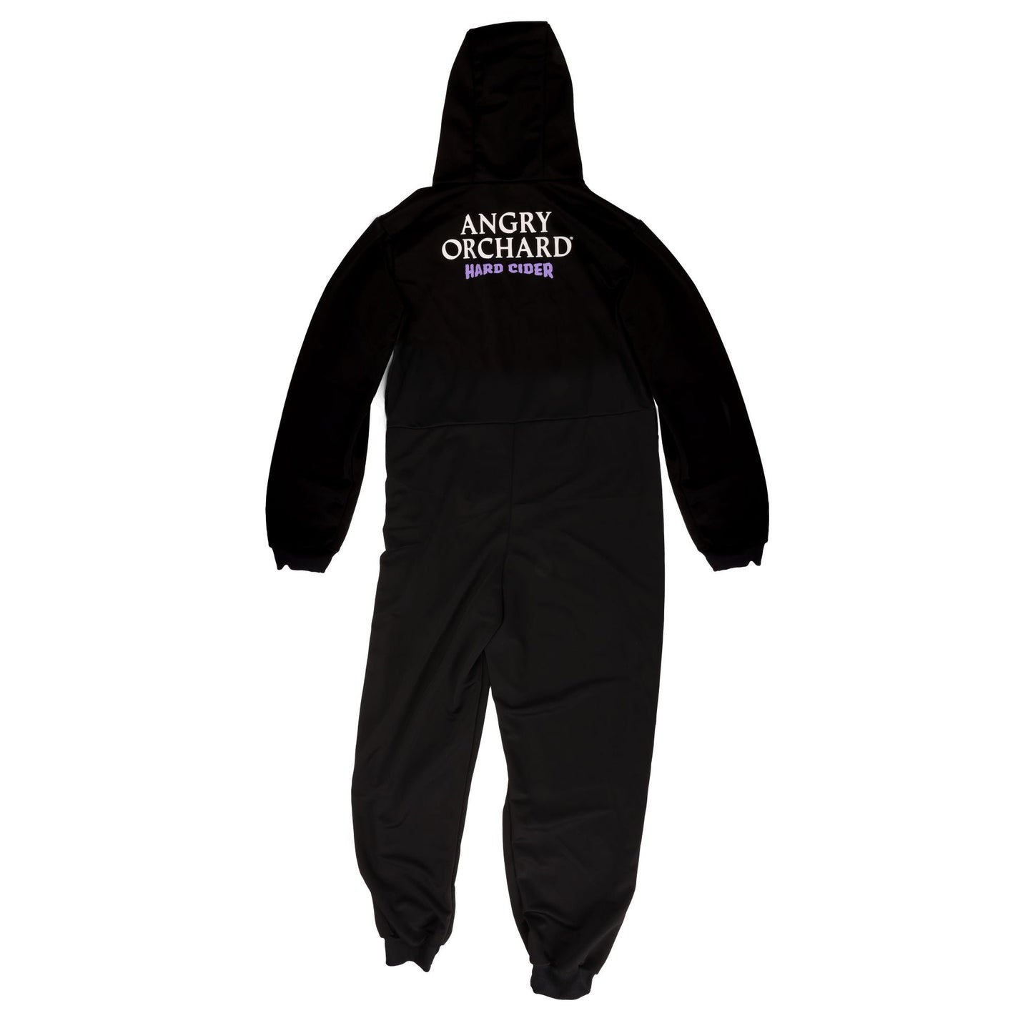 Back of onesie features writing "Angry Orchard" in white and writing "Hard Cider" in purple underneath hood.