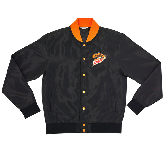 Black faux silk polyester bomber jacket with orange accents and buttons. Features a Hard Mountain Dew LiveWire logo on the left chest.