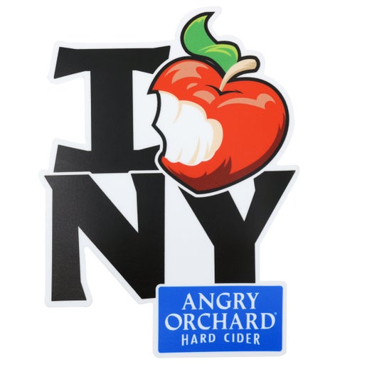 Sticker says I apple NY. The apple used is the iconic Angry Orchard red bitten apple but is shaped like a heart; to say I heart NY. "Angry Orchard Hard Cider" writing is also featured.