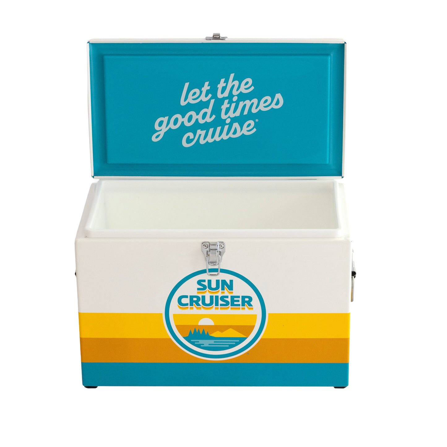 Sun cruiser hard cooler with "Let the good times cruise" written on teal inner lid. Classic Sun Cruiser circle logo on a white cooler with teal, orange, and yellow retro lines