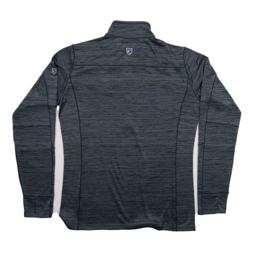 Front and back views of a Samuel Adams KUHL Charcoal Alloy Quarter Zip Pullover featuring a heathered charcoal color, embroidered Samuel Adams logo on the left chest, and KUHL logo patches on the sleeve and back.