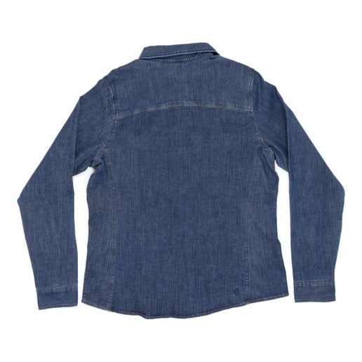 The KUHL super lightweight performance denim button-up shirt features a snap front, two front chest pockets, Princess seams, and the Samuel Adams logo embroidered over the left side chest pocket in white.