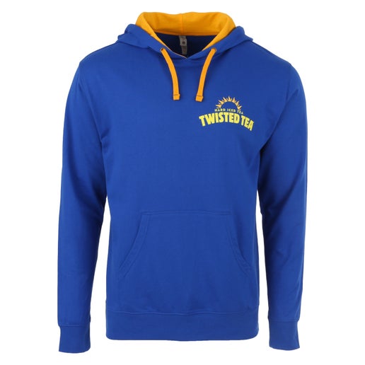 A royal blue hooded sweatshirt with a yellow inner hood lining and yellow drawstrings. On the left chest, "HARD ICED TEA TWISTED TEA" is printed in yellow with a sunburst logo. There's a front kangaroo pocket.