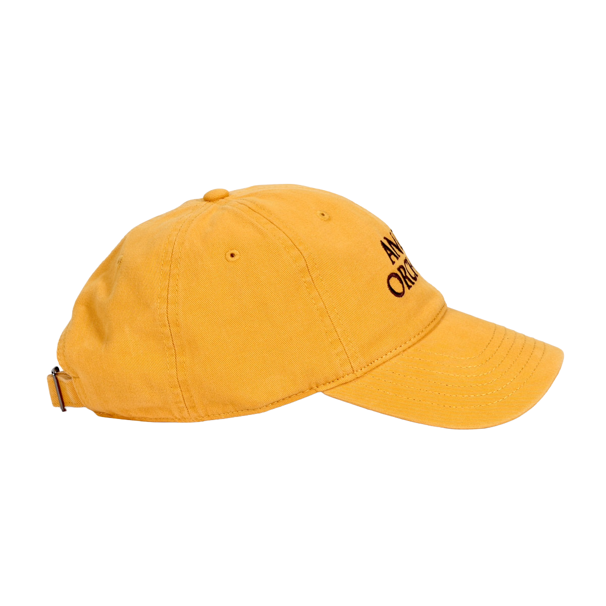 Side view of Mustard yellow Richardson Truck Dad hat with an Angry Orchard logo in brown embroidered text