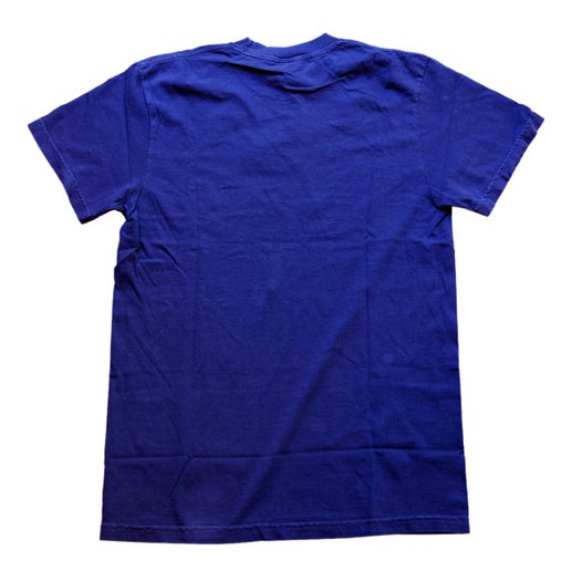 Back view of tee which is solid blue.