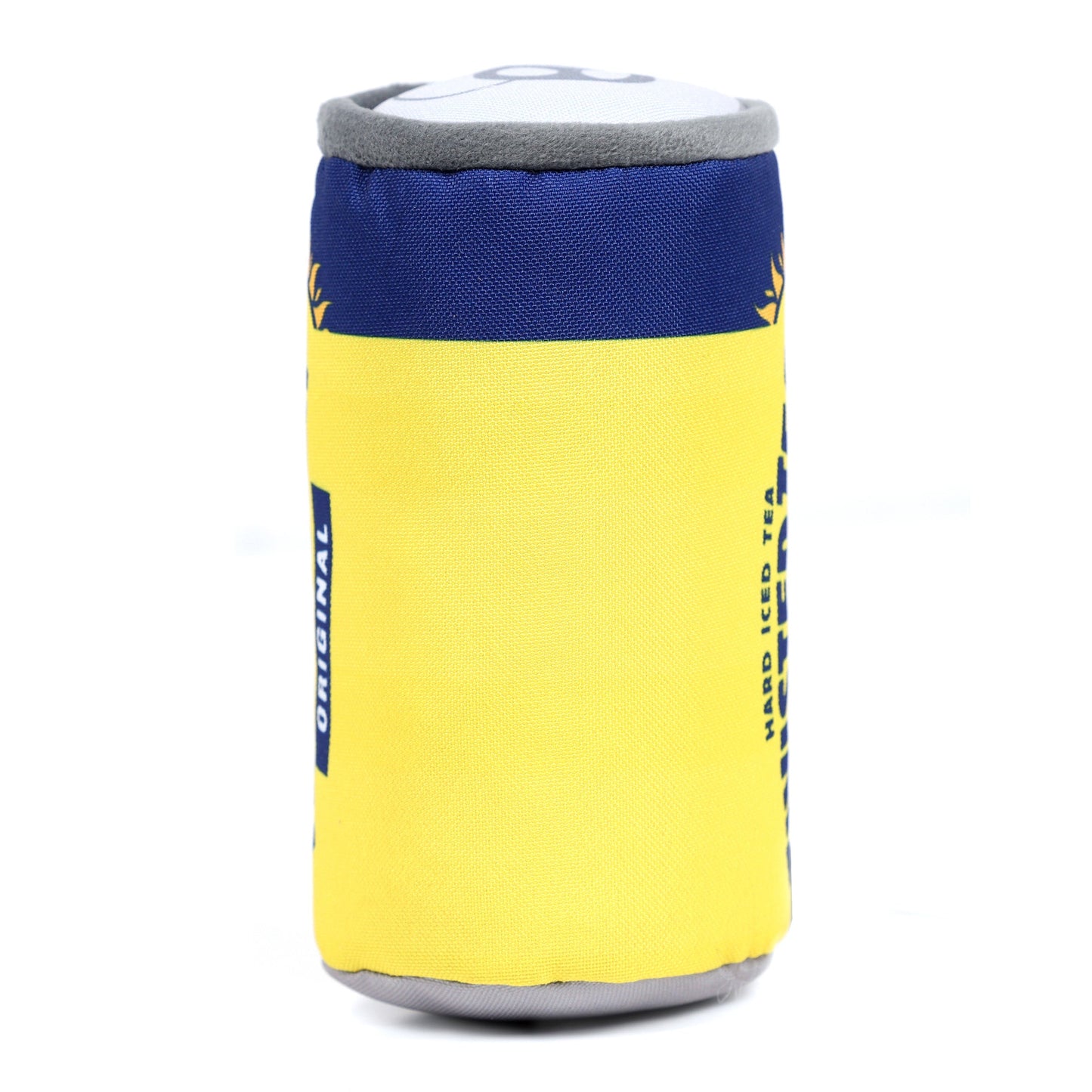 Yellow can cooler with blue accents on a white background