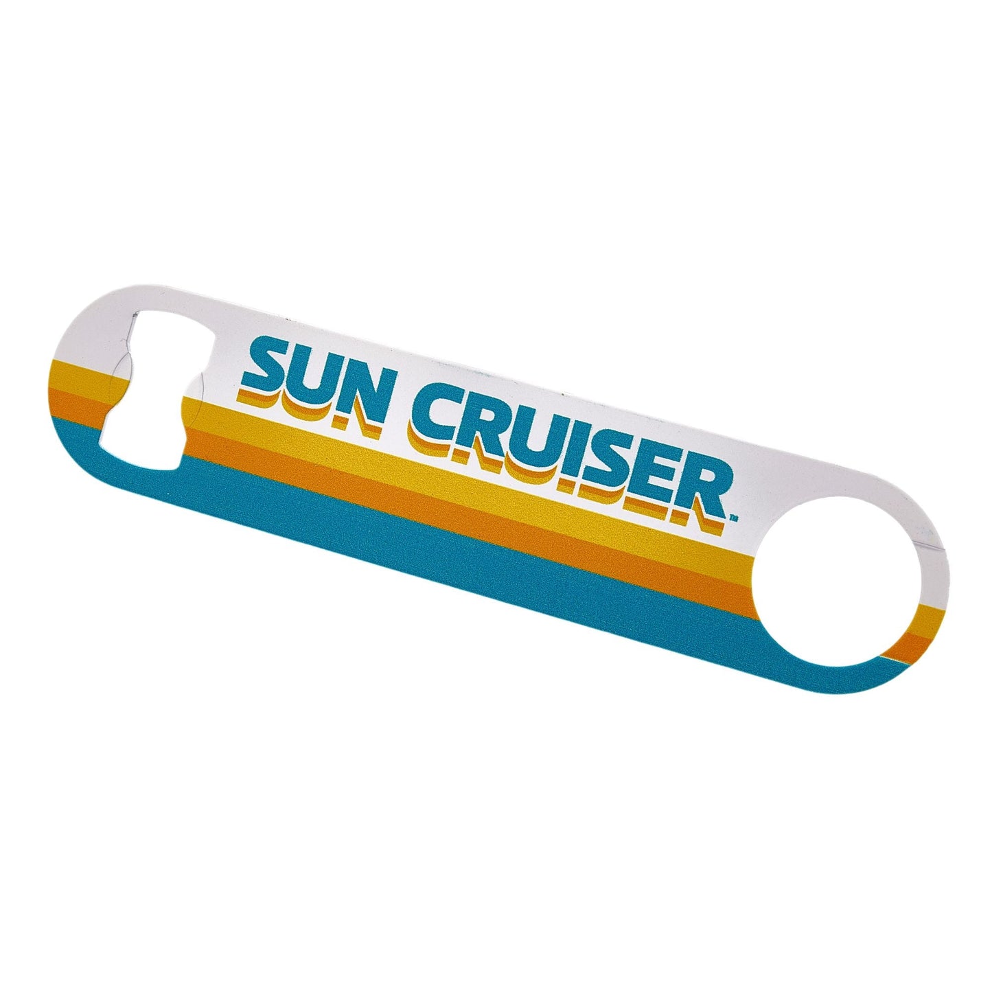 Sun Cruiser paddle opener in classic font and Sun Cruiser teal, orange, and yellow