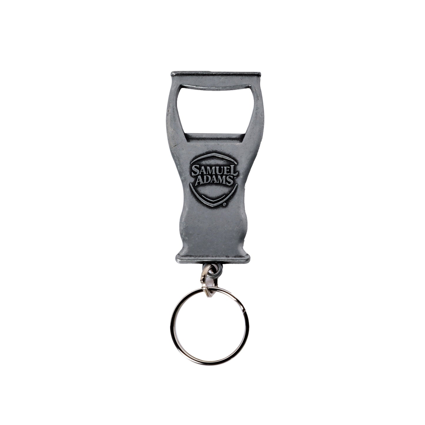 A metal keychain bottle opener in the shape of a perfect pint.