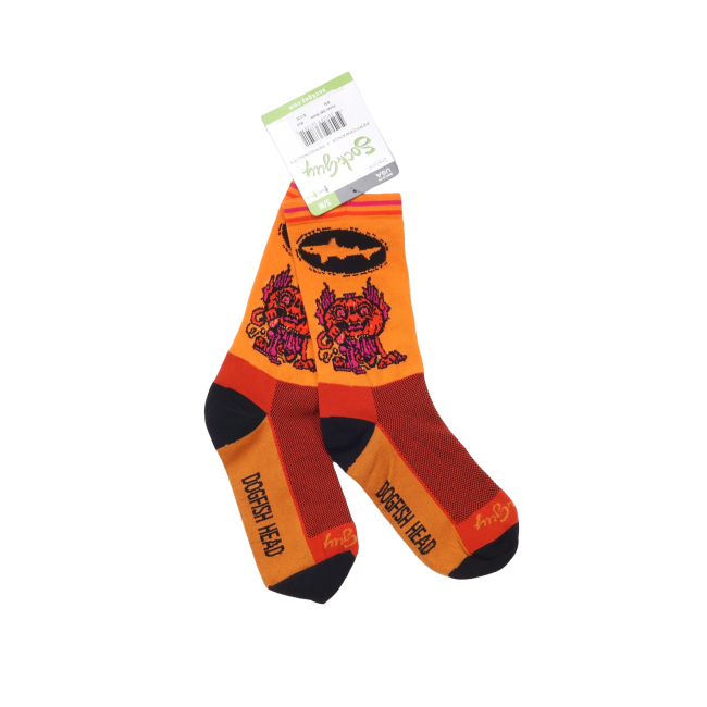 Orange socks that are black at the toes and the heel. This year's Punkin artwork is featured on the body of the sock and the Dogfish Head shark and shield logo in black is right above it.