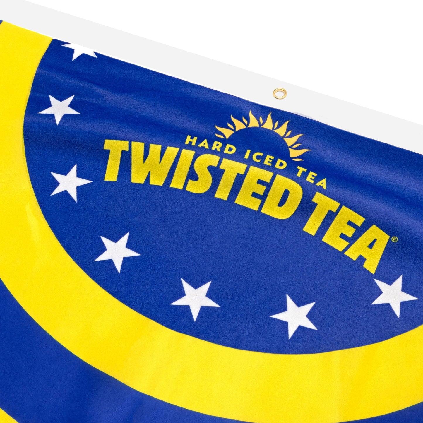 Close up of Hard Iced Tea Twisted Tea logo on a pennant. Features white stars and classic twisted tea blue and yellow styling