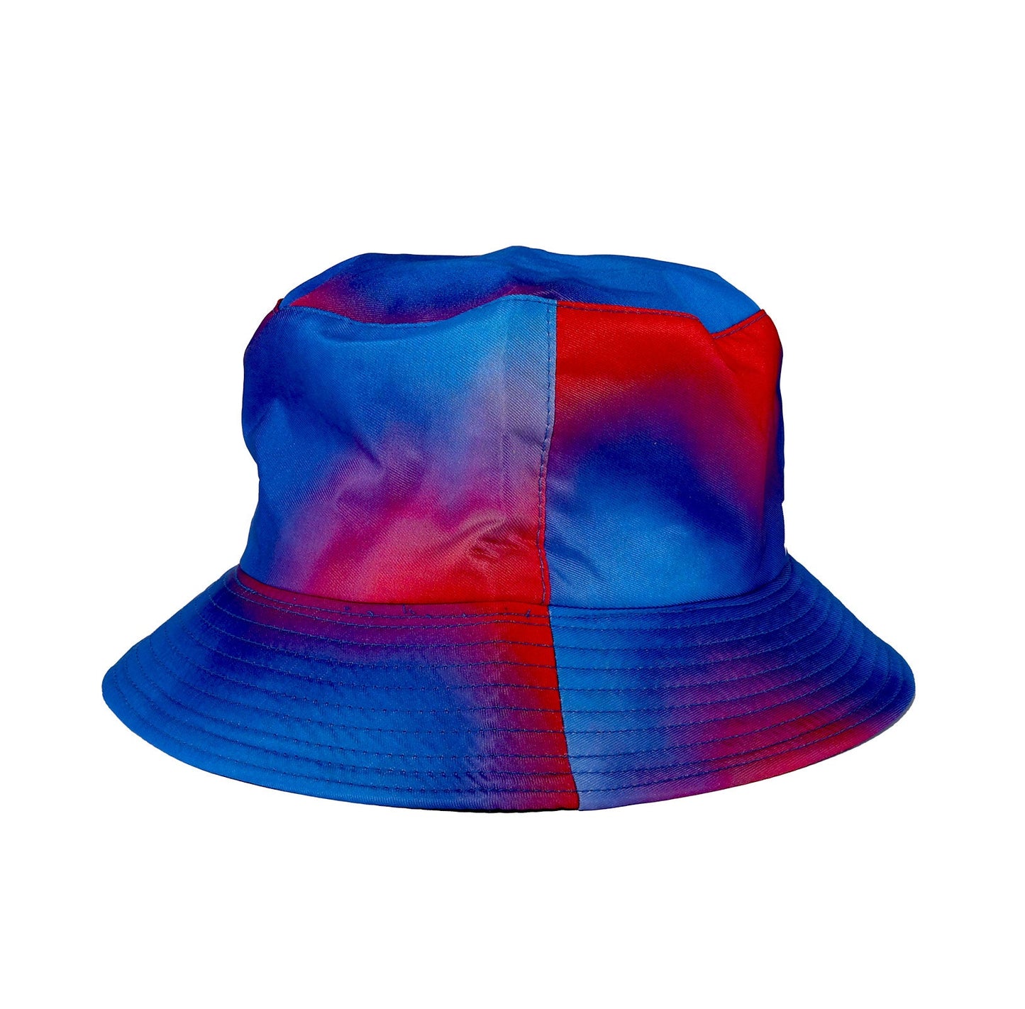 Backside of red and blue tie dye bucket hat