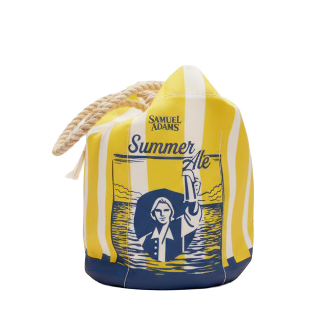 Yellow and blue Summer Ale beverage bag with thick rope handles and striped nautical design. Features a navy Samuel Adams shield hoist logo over a nautical illustration and "Summer Ale" in cursive font
