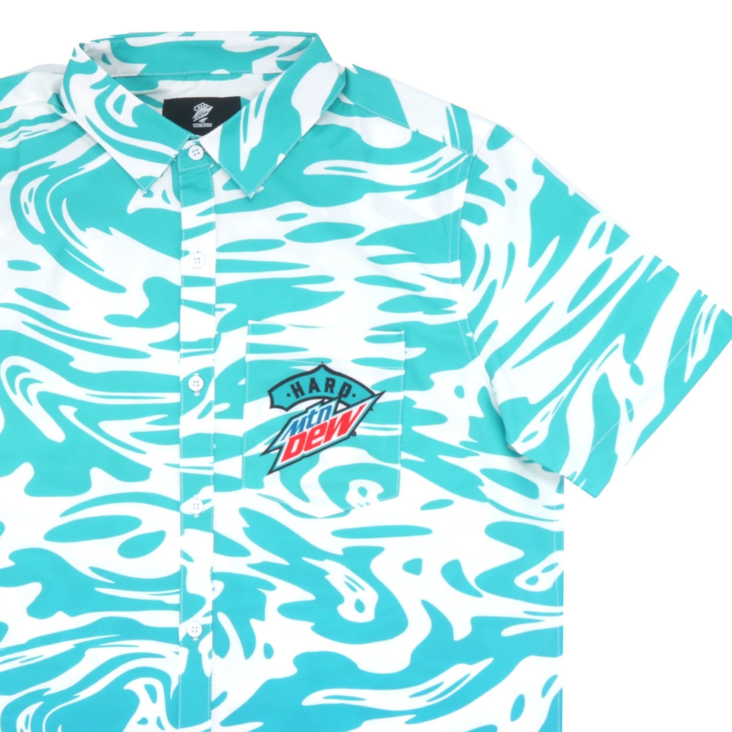Close-up of the pocket which features a Hard Mountain Dew logo in teal, white, and red. The shirt has an abstract, psychedelic wave pattern in teal and white, with a gradient effect from light teal at the top shoulder to darker teal at the hem.