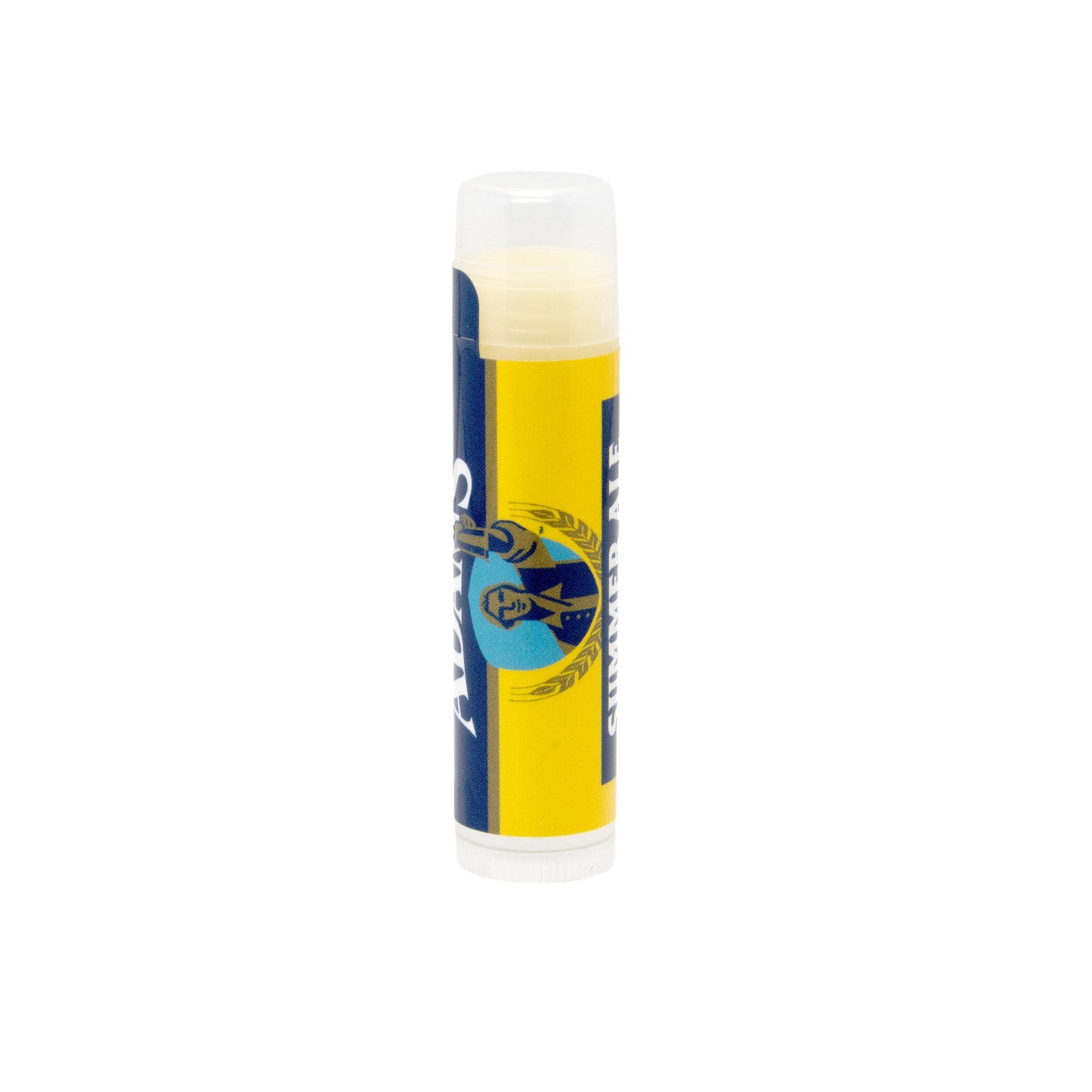 Lip balm with a blue and yellow label on a white background