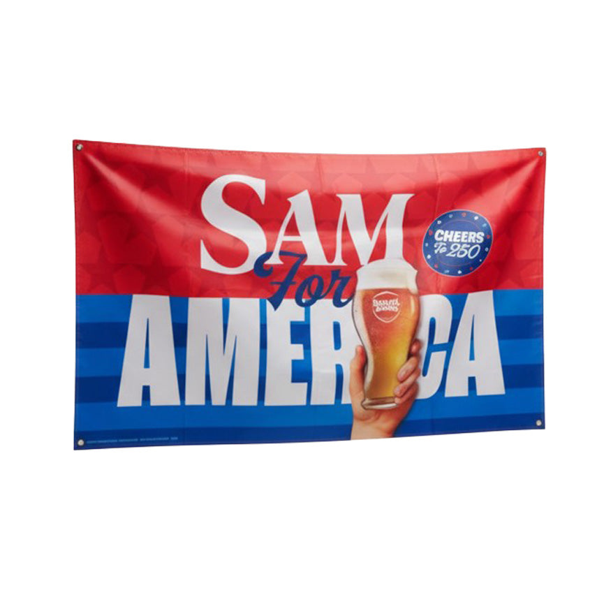 Samuel Adams 250 anniversary flag reading “Sam for America,” featuring patriotic colors and raised pint glass artwork