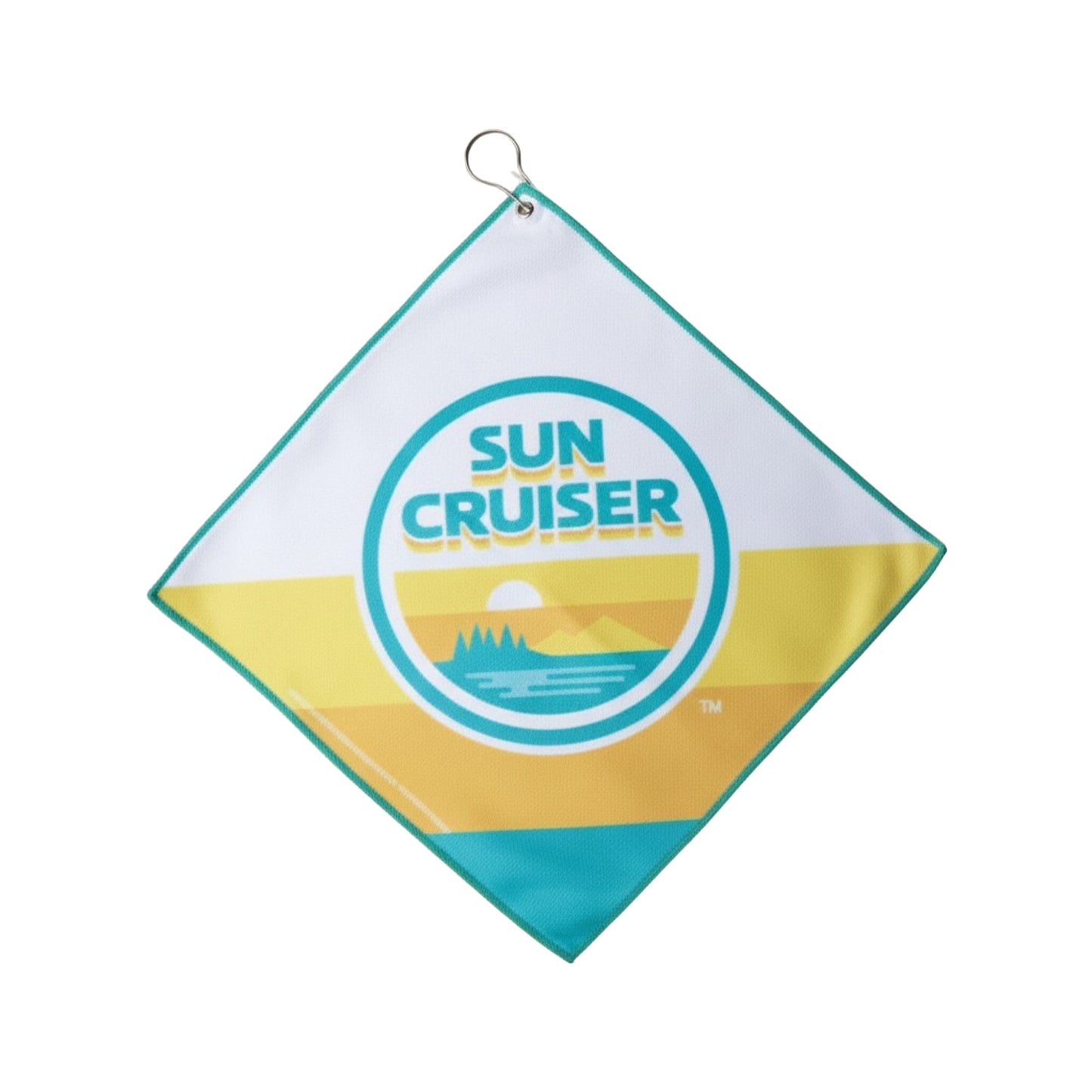 Sun Cruiser golf towel with clip, diamond shape, white microfiber fabric, teal border, and bold retro Sun Cruiser logo in teal, yellow, and orange coastal colors.