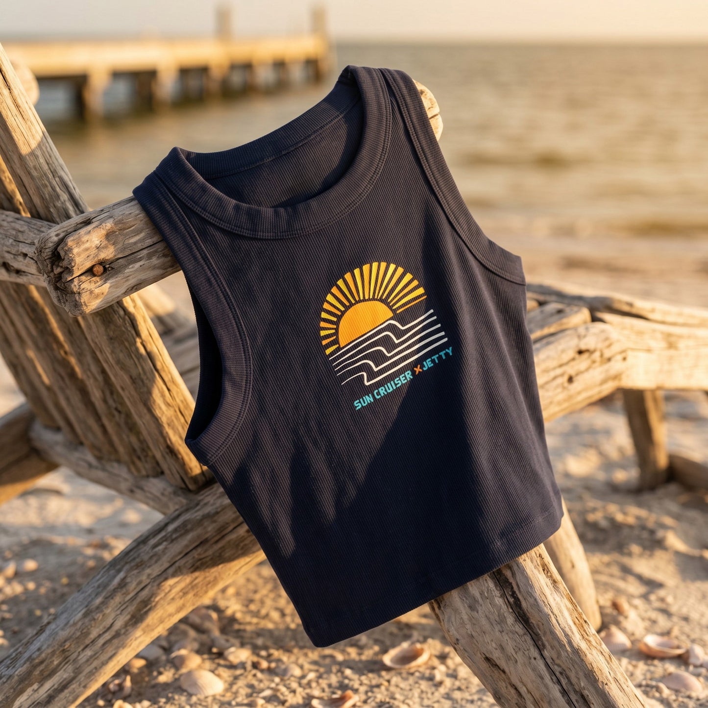 Sun Cruiser x Jetty W's Rising Navy Rib Crop Tank