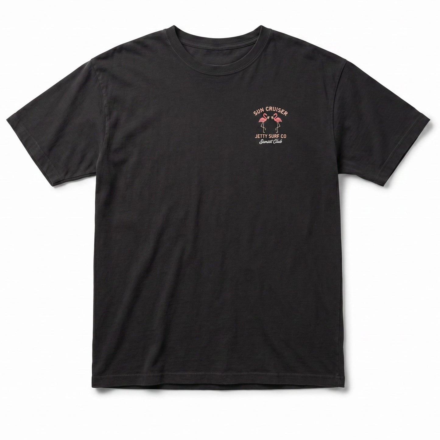 Black tee shirt on white background Sun Cruiser Jetty Surf Co and two flamingos