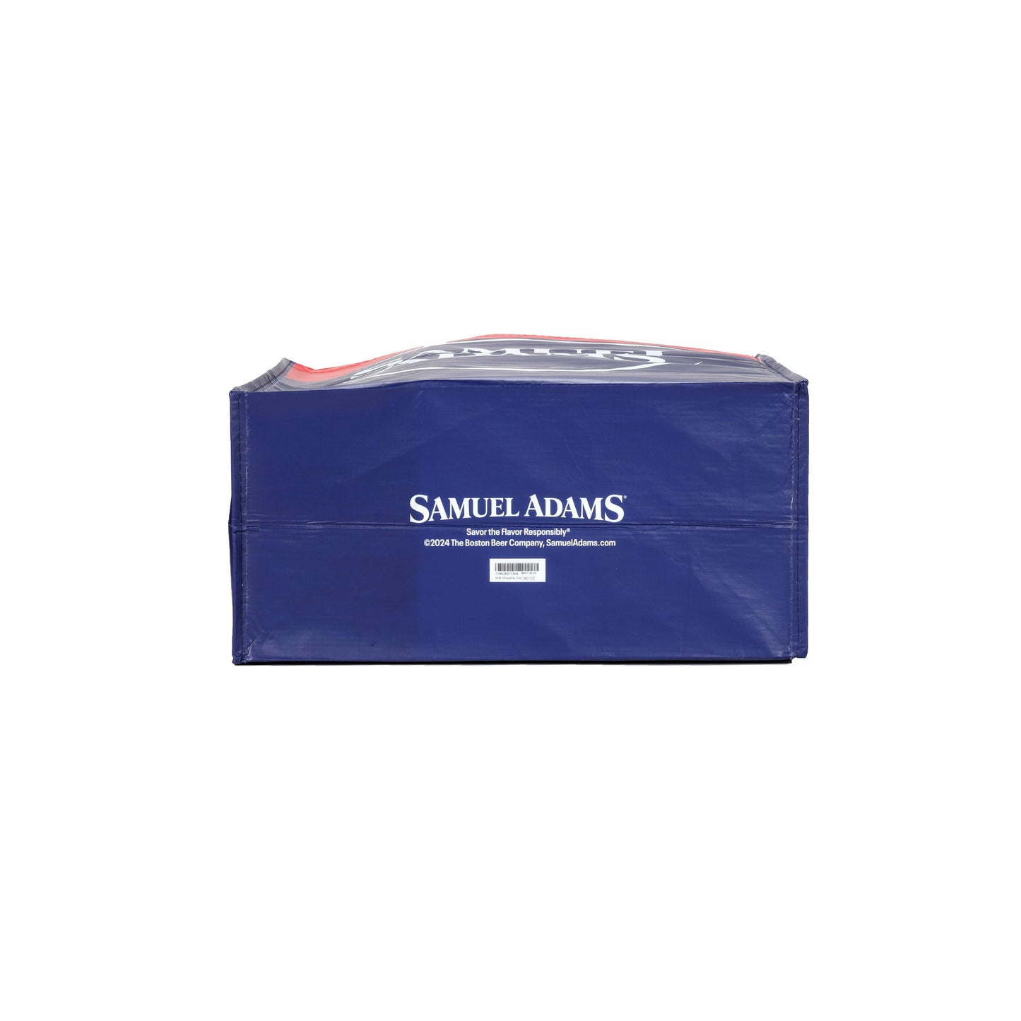 This reusable tote features the iconic Sam Adams logo and signature art work. Features blue sturdy handles.