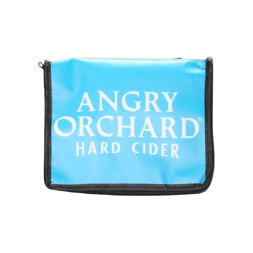 This blue cooler bag includes five sides of designs. Two sides have the iconic Angry Orchard red bitten apple, the other two have writing "Angry Orchard Hard Cider" with an image of the Angry Orchard tree trunk with a face. The top of the cooler says, 'Angry Orchard Hard Cider".