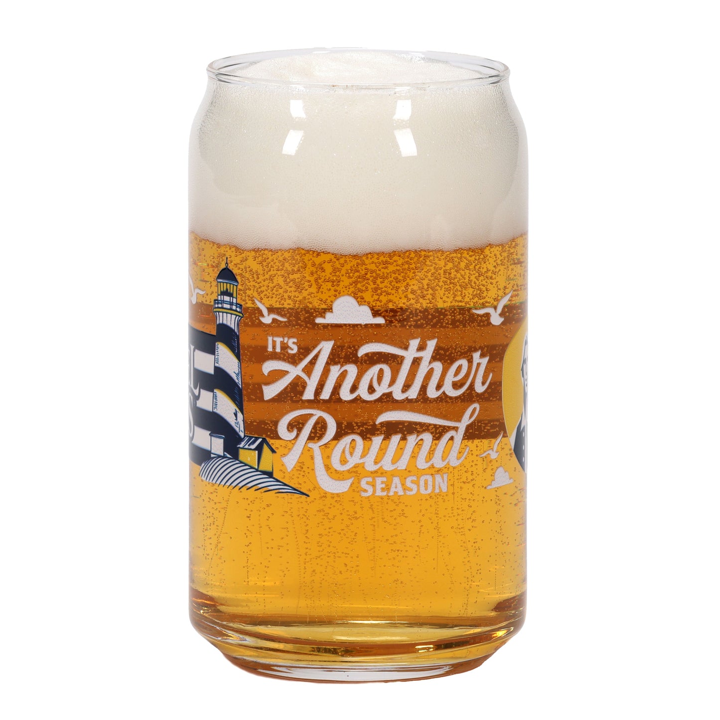 Glass of beer with a lighthouse design and text on a white background