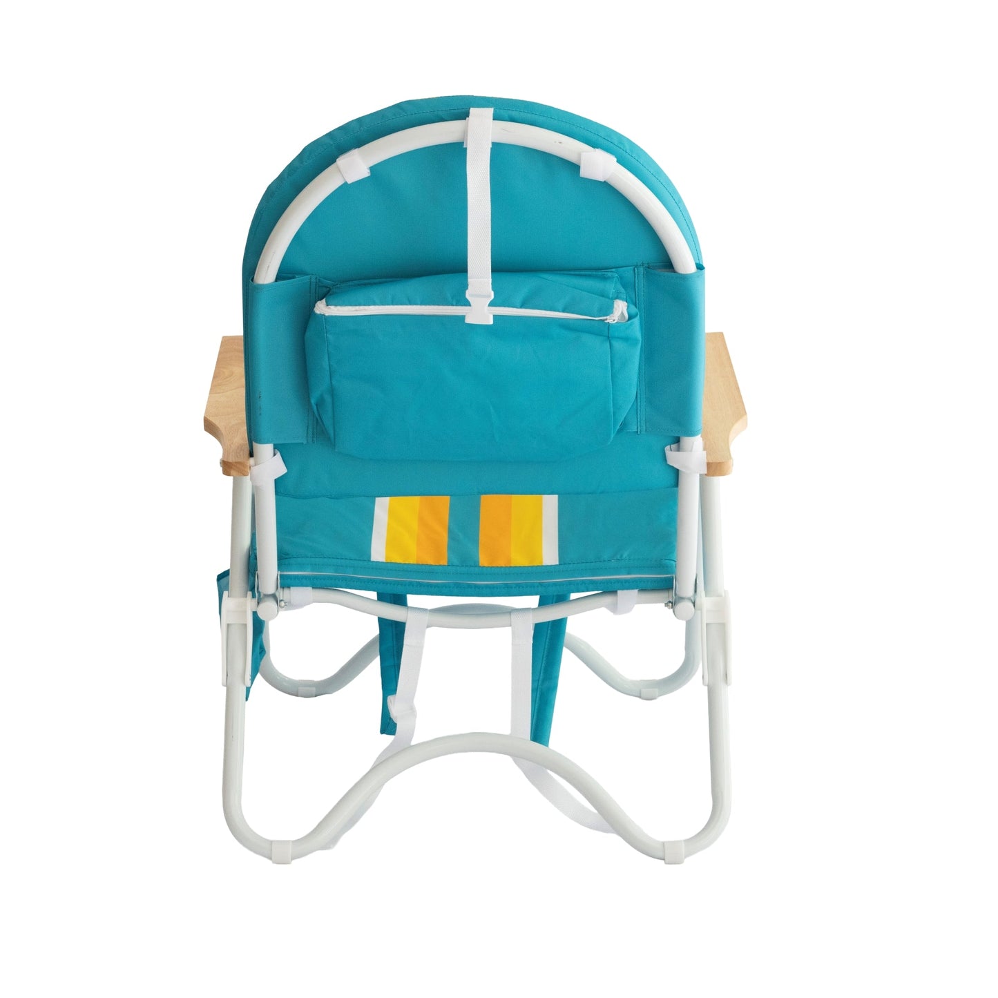 Teal beach chair with retro Sun Cruiser orange, yellow. and white striped pattern, a large circle Sun Cruiser logo, wooden arm rest, and white stands