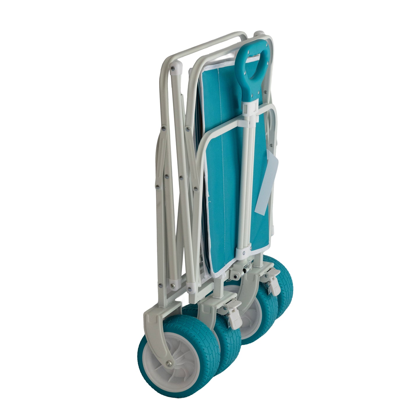Sun Cruiser beach chair folded with built-in wheels, turquoise fabric and white frame for easy rolling transport to beach or outdoor events