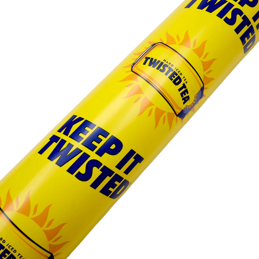 Yellow thunderstick with repeating imagery of a twisted tea can on a sun and writing "Keep it Twisted" in navy.