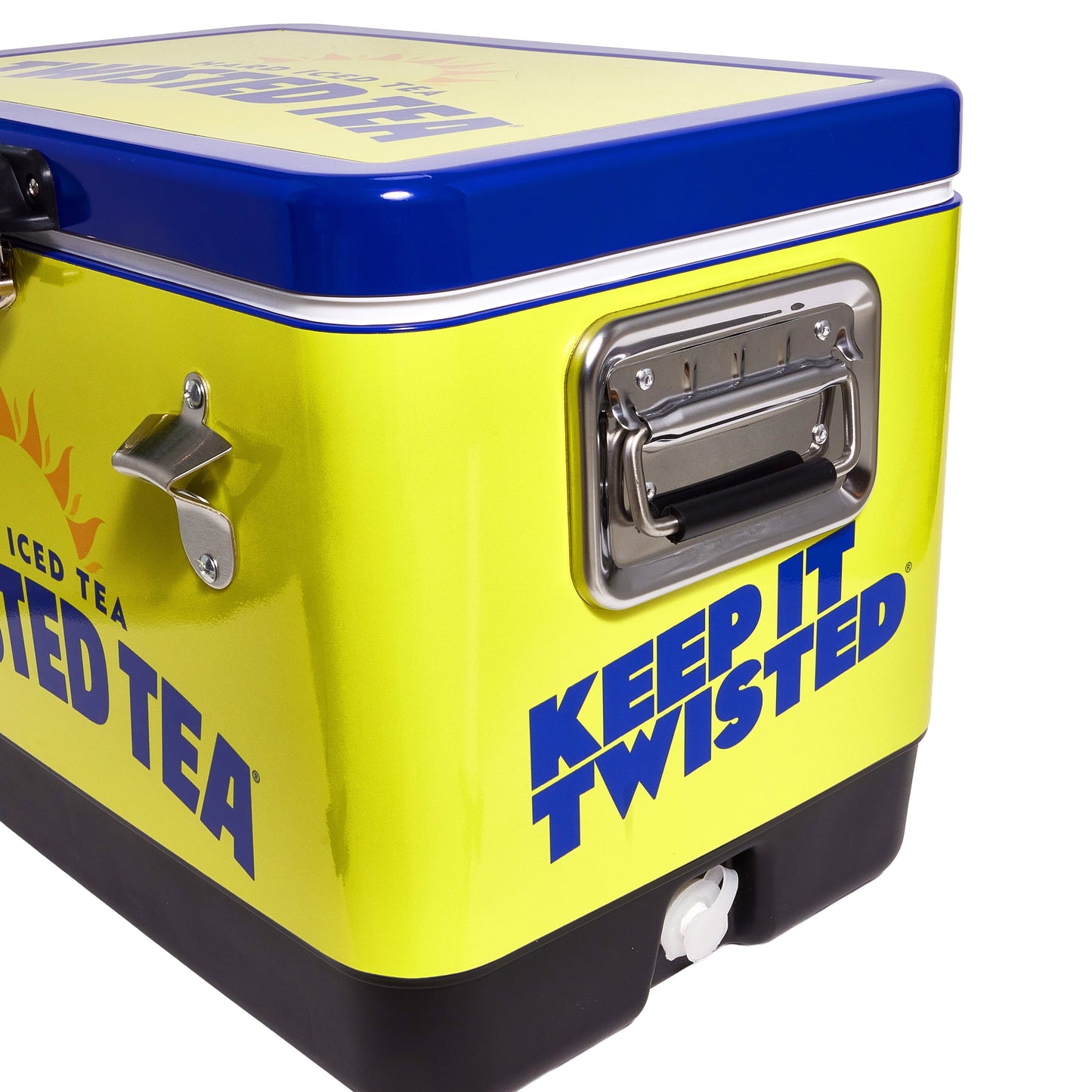 A bright yellow and blue Twisted Tea steel cooler shown from an angled side view. The cooler has a glossy yellow exterior with bold blue text reading “KEEP IT TWISTED” on the right side and partial “TWISTED TEA” branding visible on the left. A silver metal handle with a black grip is mounted on the side. The lid is blue with a yellow top panel, and the cooler base is black. A white drain spout is visible near the bottom edge.