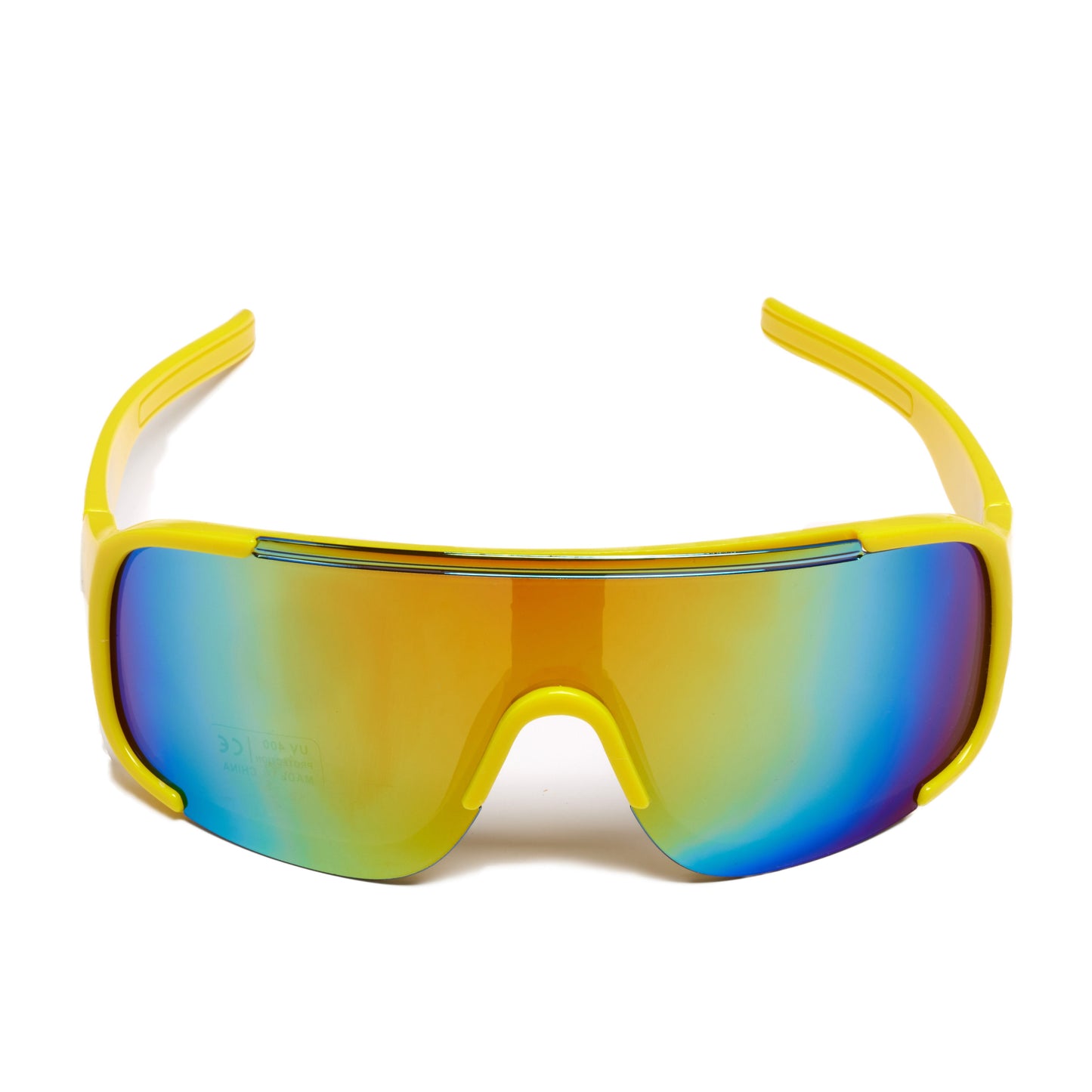 Yellow wraparound sunglasses with mirrored rainbow gradient lenses, featuring a sporty, shield‑style design.