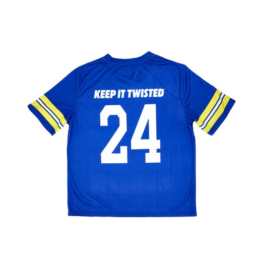 Backside of Blue football jersey with yellow and white accent stripes on the short sleeves. Reads "Keep it Twisted" and "24" like a football jersey