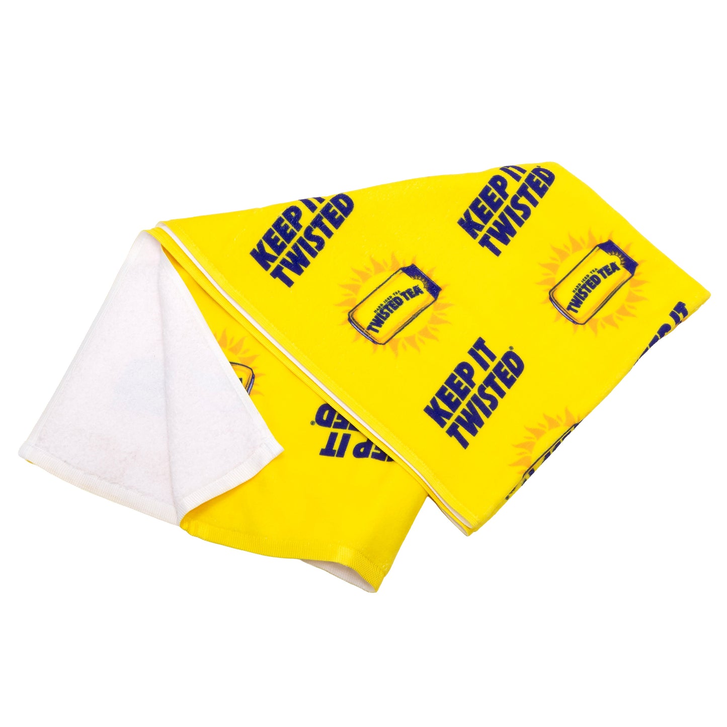 Yellow towel with 'Keep It Twisted' text and logo on a white background