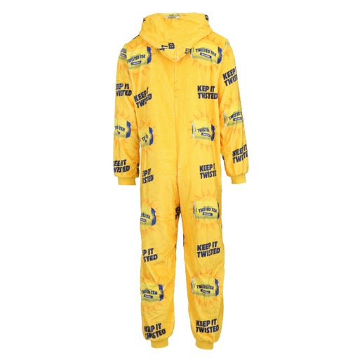 Yellow onesie with a repetition pattern of twisted tea cans and the slogan keep it twisted all over the onesie