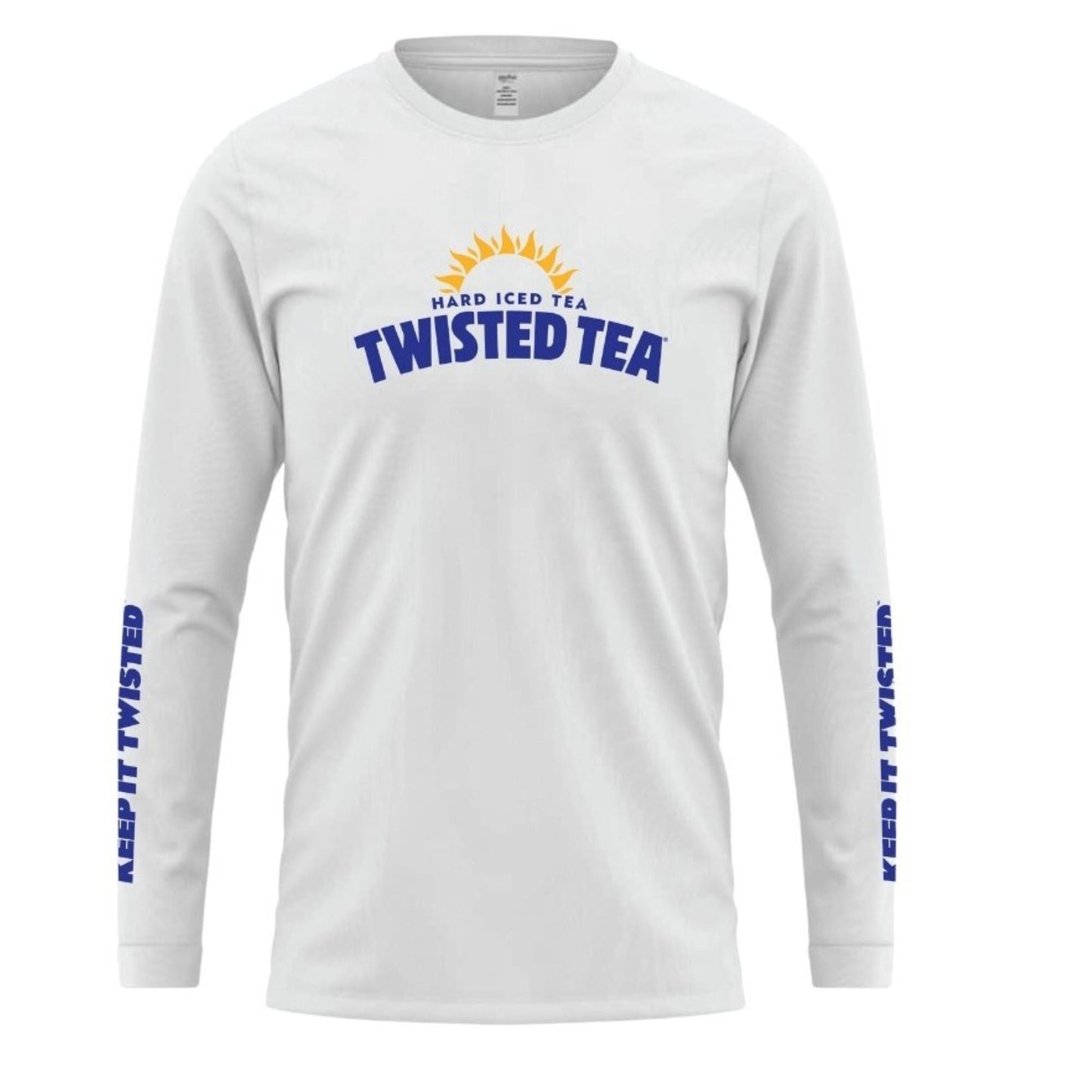 White long-sleeve shirt with Twisted Tea branding on a white background