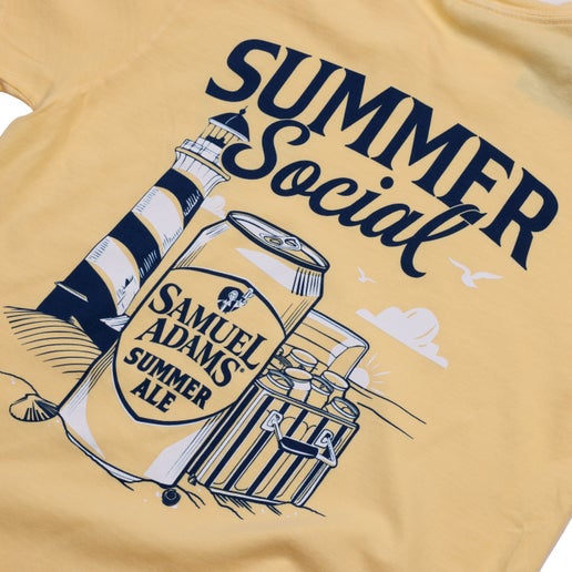 Front and back view of a pastel yellow short sleeve t-shirt featuring a small “It’s Another Round Season” graphic on the front chest and a large beach-themed “Summer Social” Samuel Adams Summer Ale design on the back, including a can, cooler, lighthouse, and seagulls.